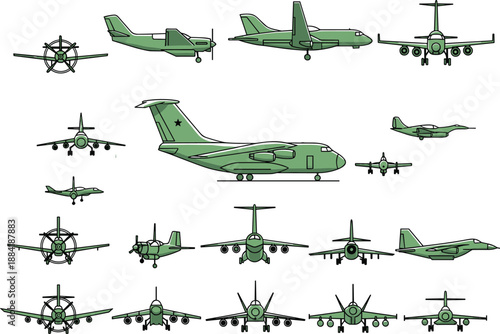 Military aircraft illustration set showing multiple airplane types and angles, green tactical aviation collection featuring transport jets, fighters, prop planes, and reconnaissance aircraft