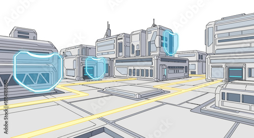 Futuristic cityscape with sleek buildings and advanced technology.