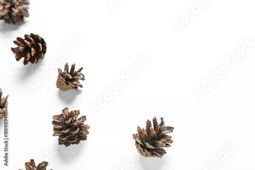 Many pine cones on white ba...