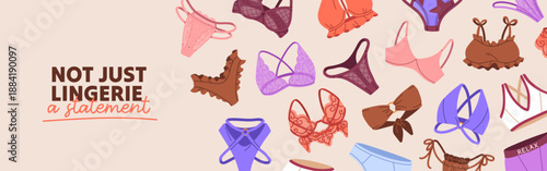 Design of advertising banner for fashion lingerie store. Promotion template of female underwear shop with lace bras and panties on layout. Women bikinis and underclothes. Flat vector illustration