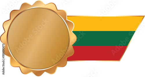 A shiny gold award seal featuring a circular metallic center with a flag of Lithuania on ribbon with gold outline
