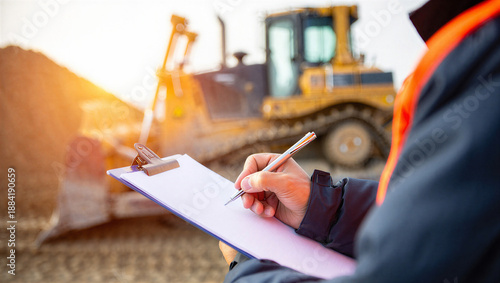 Construction worker taking notes on clipboard at building site with bulldozer