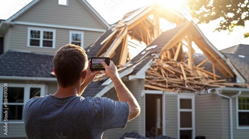 Man takes photos of damaged house after storm in neighborhood