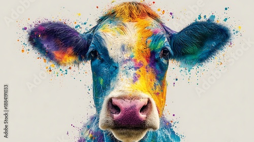 Close-up portrait of a cow with colorful paint splatters animal head Photo