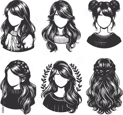 Vector Set of Women Hairstyles in Hand Drawn Woodcut Style