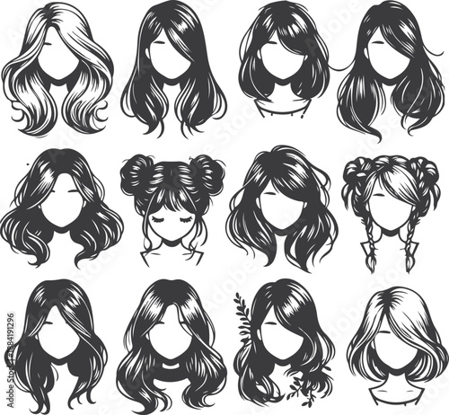 Vector Collection of Women Hairstyles Icons in Hand Drawn Woodcut Style