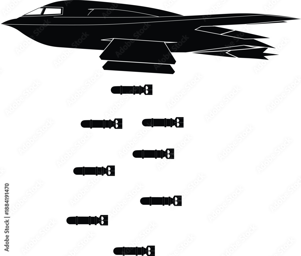 Obraz premium Silhouette of an airborne B2 spirit bomber aircraft dropping nuclear weapons bombs. Military aircraft dropping nuclear bombs vector illustration. 