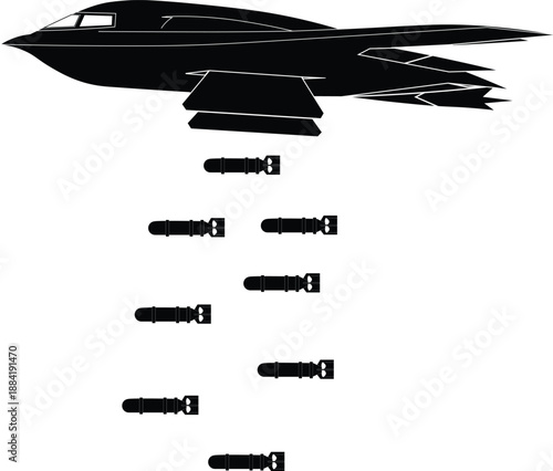 Silhouette of an airborne B2 spirit bomber aircraft dropping nuclear weapons bombs. Military aircraft dropping nuclear bombs vector illustration. 