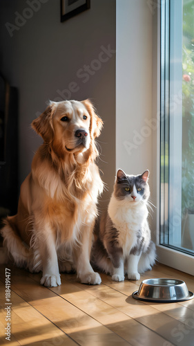 Wallpaper Mural Golden Retriever and Gray-White Cat Sitting Together Near Window With Sunlight Torontodigital.ca