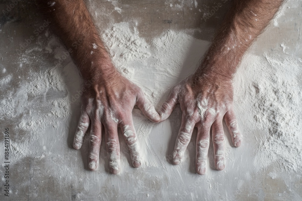 Fototapeta premium Hands covered in flour on rustic surface highlighting baking preparation themes