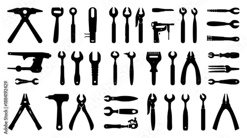 Flat design hand tool silhouettes, monochrome black on white, clean outline-free shapes, icon set style