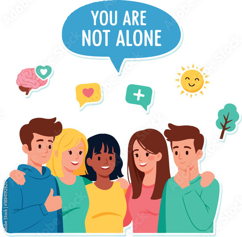 Friendly flat illustration showing diverse teenagers standing together with a “You Are Not Alone” message.