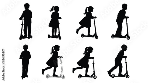 lack Silhouettes of Children Riding Kick Scooters, Young Boy and Girl Playing Outdoors, Childhood Activity Vector Icons Isolated on White