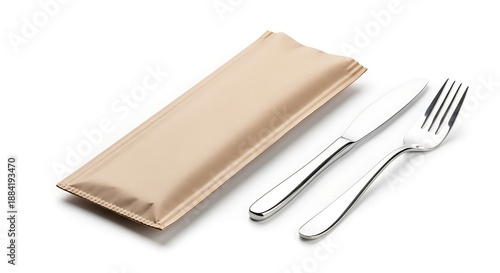 Panel kuchenny z motywem Disposable Cutlery Set in Kraft Paper Sleeve Isolated on White Background.