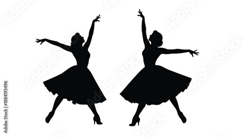 lack silhouettes of elegant retro women dancing in vintage dresses isolated on white background, graceful feminine classic ballet performance poses.