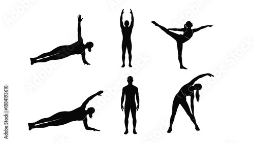 lack silhouettes of people practicing fitness exercises including side planks and stretching isolated on white background for health and wellness design