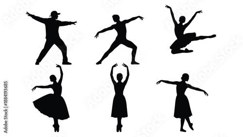 lack silhouettes of various professional dancers including ballet ballerinas and hip hop performers isolated on white background for creative design projects