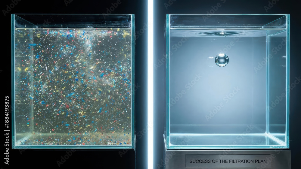 Obraz premium Filtration process comparison showing clear contrast between polluted water and clean water, highlighting environmental awareness and success