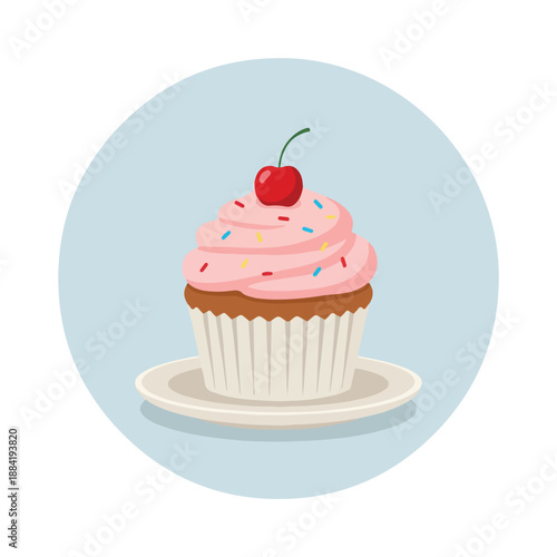Sweet cupcake with pink frosting and cherry on a white plate. Delicious muffin with sprinkles isolated on blue circle background. Tasty dessert for birthday or celebration party.