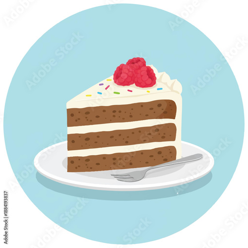 Slice of chocolate layer cake with white frosting and raspberries on a plate. Delicious chocolate sponge cake with colorful sprinkles isolated on blue circle. Tasty dessert for celebration or birthday