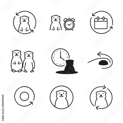 Groundhog Day tradition and time loop vector icon set