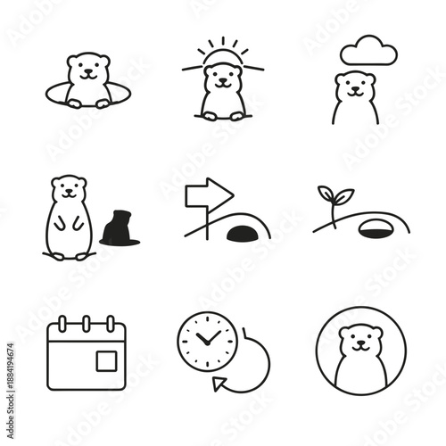 Groundhog Day calendar and time vector icon set
