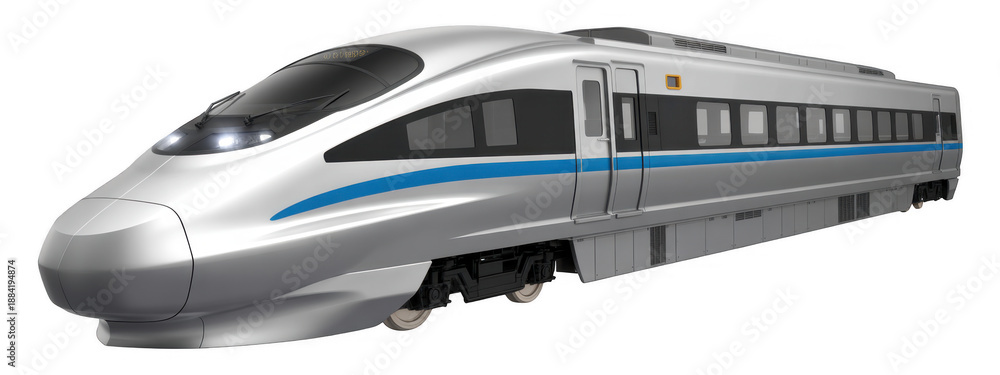 Fototapeta premium Silver bullet train with blue stripe on side silver train isolated on a transparent background