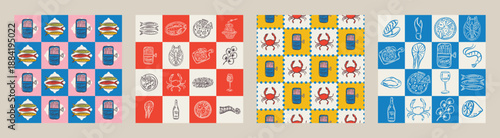 Whimsical hand drawn sea food seamless pattern in trendy whimsical style. Perfect  background for quirky italian wedding holiday, poster cards, dinner and bar menu, fabric, wrapping paper