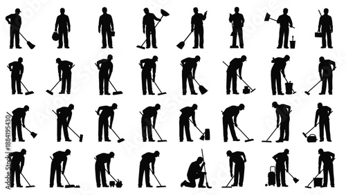 Large Collection of Cleaning Service Silhouettes in Various Poses, Depicting Janitor, Sweeping, Mopping, Hygiene, Domestic Work, and Professional Maintenance Concepts