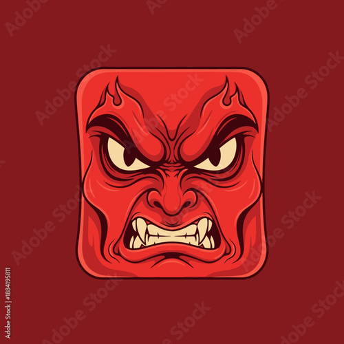 Angry Red Cartoon Face with Sharp Teeth.