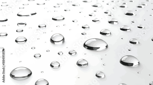 Water droplets of varying sizes scattered across smooth hydrophobic surface, demonstrating surface tension, fluid dynamics, and waterproof behavior in high-resolution macro photography with reflective