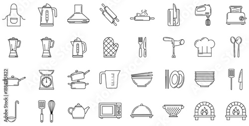 Kitchen Tools and Appliance Icon Set – Black-and-White Line Symbols of Culinary Equipment and Utensils