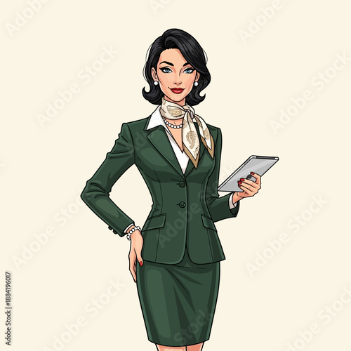 Businesswoman in Green Suit Holding Tablet.