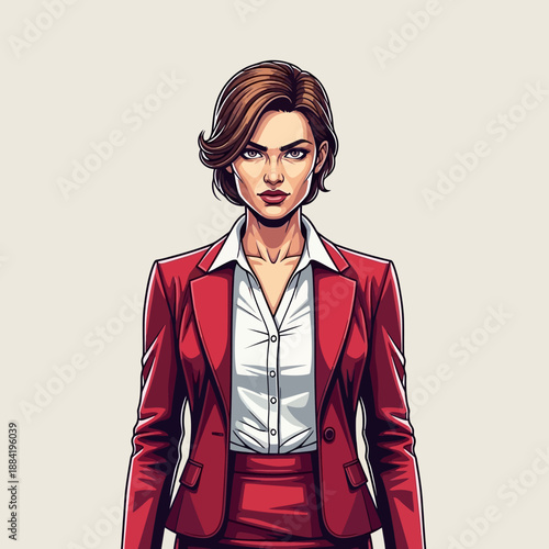 Businesswoman in Red Suit Standing Confidently.
