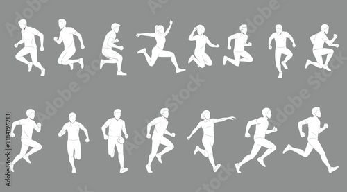 Sequential motion study of running poses in two rows of white silhouette figures on gray background, illustrating biomechanics, animation cycles, and physical movement for sports science and visual re