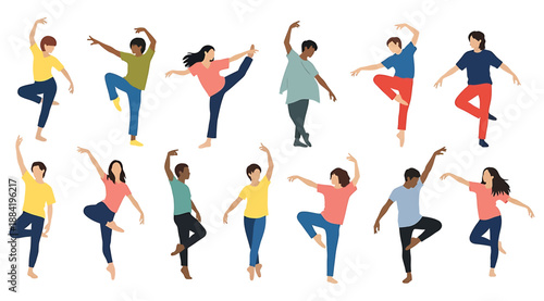 Fifteen illustrated individuals in diverse dance poses on white background, showcasing expressive movement, physical dynamics, and colorful casual outfits for artistic, educational, and performance re