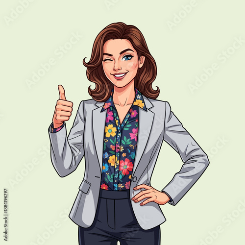Cartoon Businesswoman Giving Thumbs Up Gesture.
