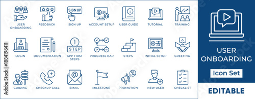 User Onboarding App Walkthrough SaaS Guide Line Icon Set Editable Stroke