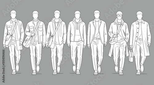 Seven monochromatic male fashion illustrations in diverse outerwear styles against gray background, showcasing coats, jackets, and trench designs for concept presentation, portfolio, and style referen
