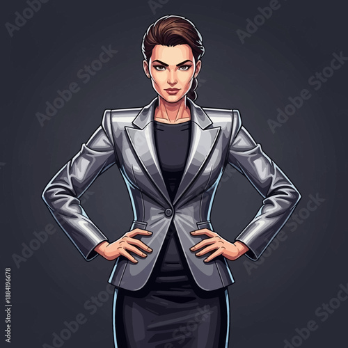 Confident Businesswoman Wearing Silver Jacket and Black Dress.