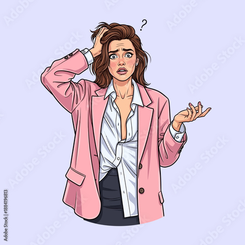 Confused Businesswoman in Pink Blazer Cartoon Character.