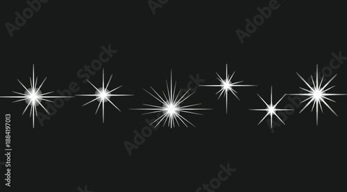 Horizontal sequence of six white star-like light flares on black background, radiating symmetrical rays and sparkling brilliance for abstract visual energy, digital design, and luminous aesthetic appl
