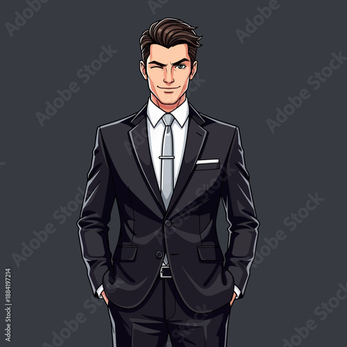 Illustration of a man in a black suit.