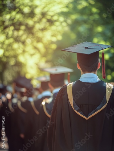 A group of graduates in graduation gowns and caps, ready to celebrate their achievements on a sunny day.