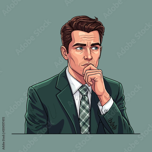 Man in Suit Thinking Deeply with Hand on Chin.
