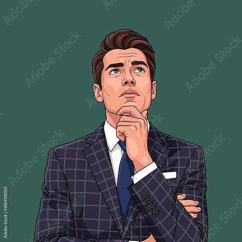 Thoughtful businessman in suit contemplating decision.