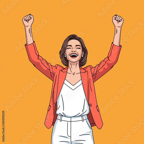 Woman Celebrating Success with Raised Fists.