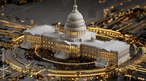 Futuristic Capitol Building on Digital Circuit Board with Golden Lights technology Photo
