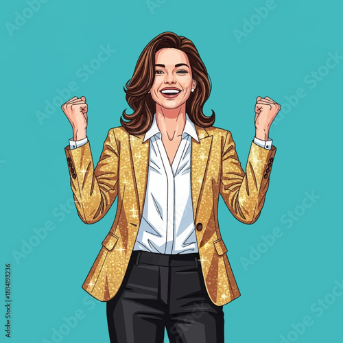 Woman Celebrating Success in Gold Blazer.