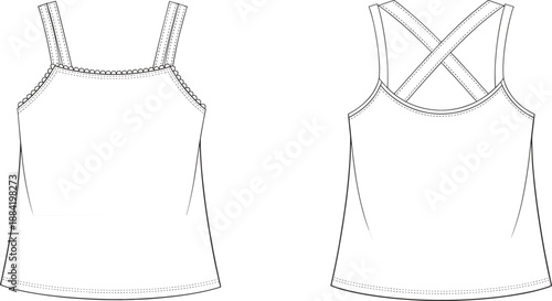 Women camisole top illustration, front and back view, crossed straps design, sleeveless tank top, flat vector fashion technical drawing